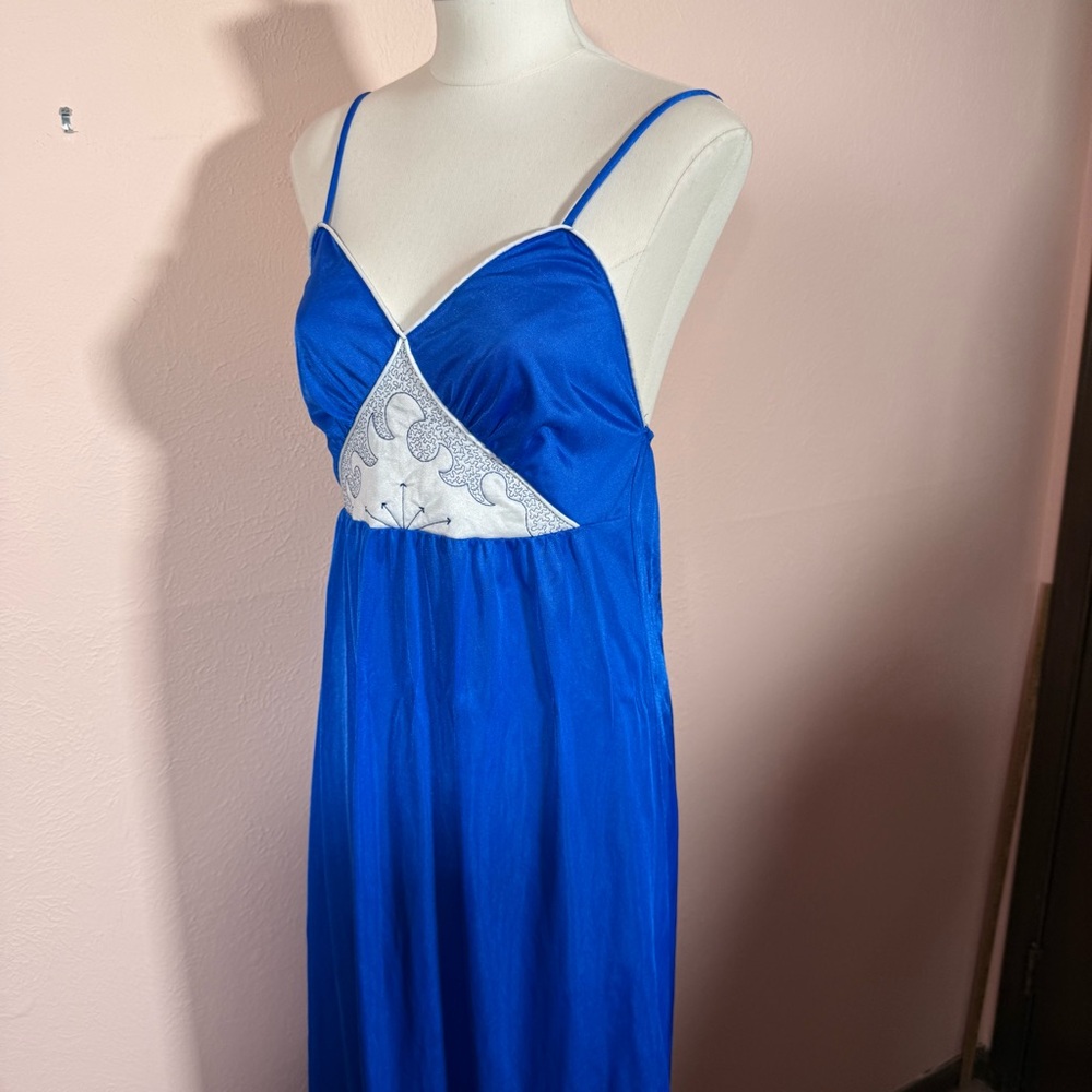 Vintage 1980 Art deco Royal Blue Long Slip Dress Nightgown - Picture 9 of 16